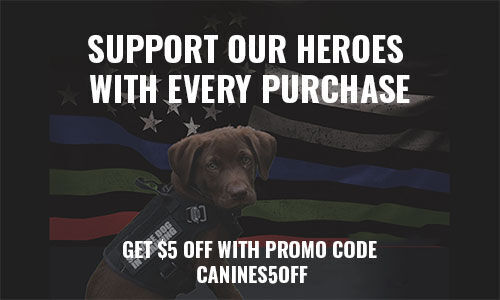 Support our heroes with every purchase; get $5 off with promo code CANINE5OFF; brown labrador puppy in front of a flag;