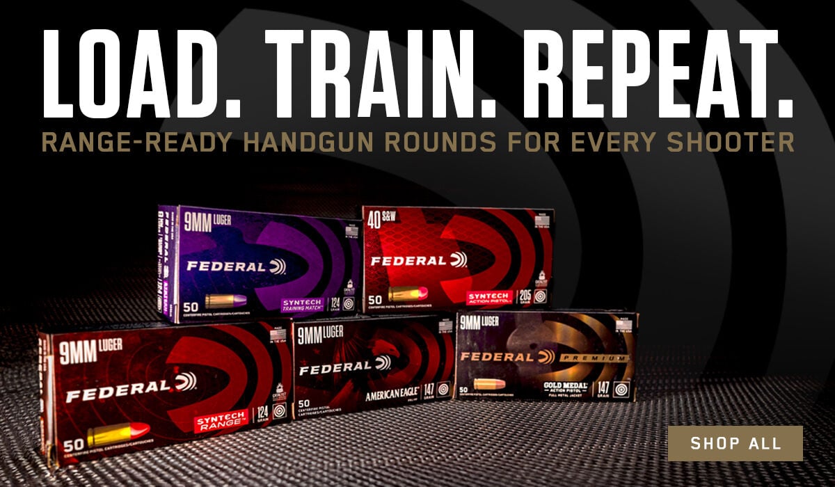 Load. Train. Repeat. Range-Ready Handgun Rounds For Every Shooter; Boxes of Handgun Ammo stacked on top of each other; Shop Now