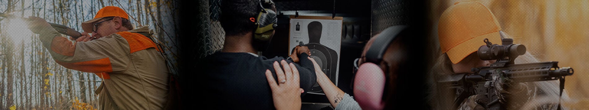 man shooting shotshell outside, person learning to shoot a handgun at an indoor range, person shooting a rifle outside