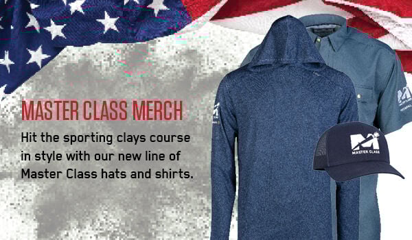 Master Class Merch; Hit the sporting clays course in style with our new line of Master Class hats and shirts.; Shop Now; Master Class hoodie, t-shirt, and hat on an american flag background.