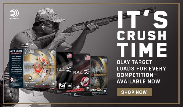 It's Crush Trime; Clay Target Loads for every compeition- available now; Shop Now; Shooter aiming shotgun with boxes of target shooting ammo.