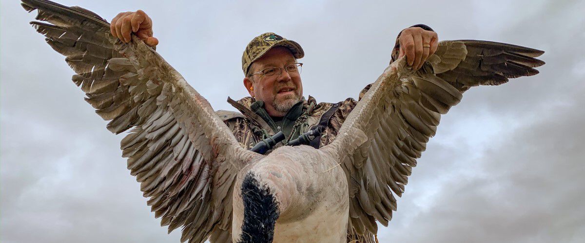 Hunter spreading goose wings