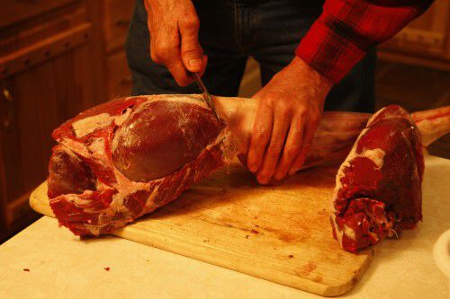cutting the deer hind quarter near the joint at the fore part
