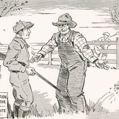 farmer with arms spread while looking at a hunter who just shot a bird