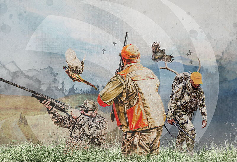 3 different hunters shooting pheasant, quail and carrying elk antlers