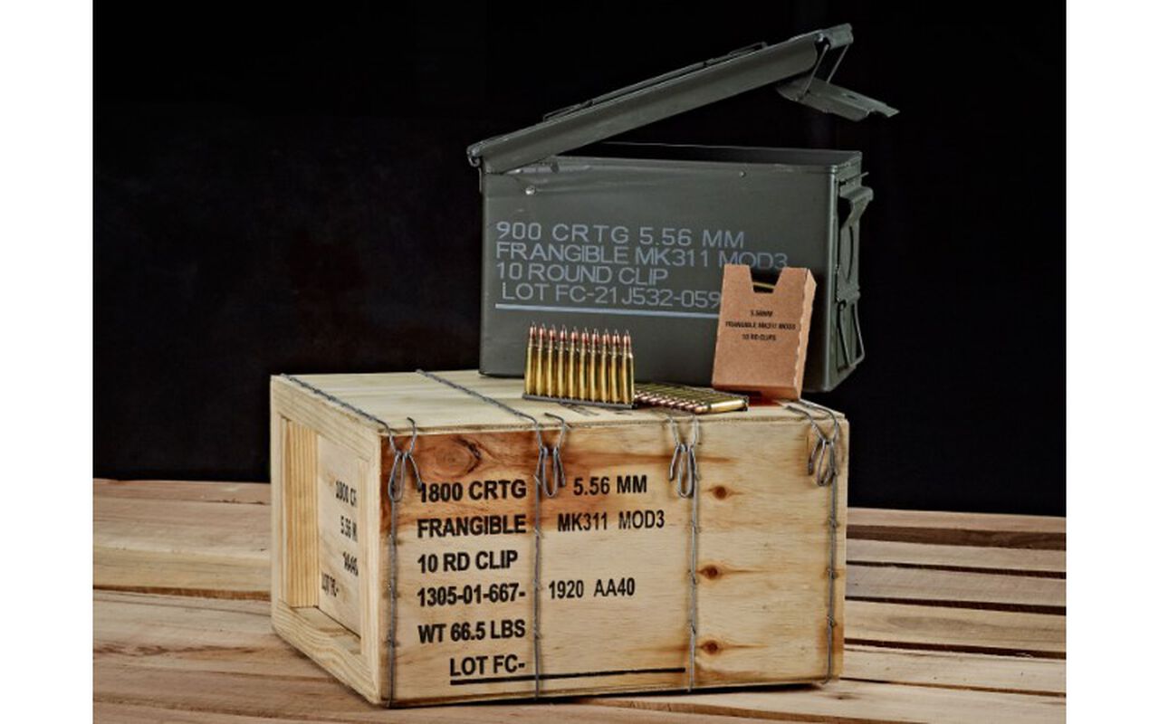 Wooden Ammo Box with cartridges and a metal ammo box on top