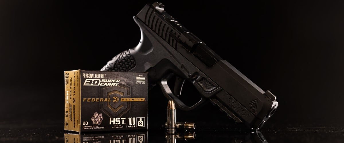 Avidity Arms 30 Super Carry Handgun with HST and Amercian Eagle 30 Super Carry packaging