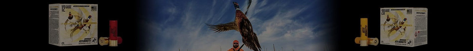 pheasant flying in front of a hunter with HEVI-Bismuth packaging on each side