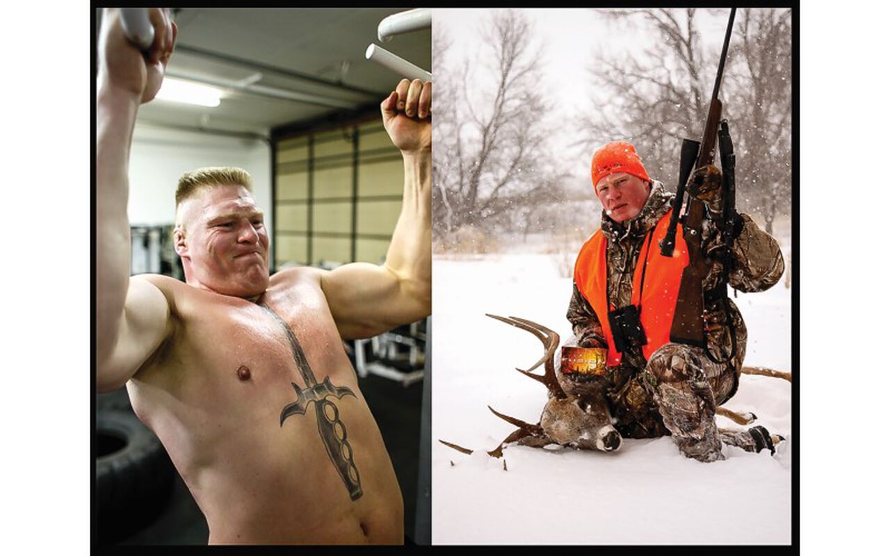 Left: Brock Lesnar during pull-ups in a gym; Right: Brock Lesner in the snow next to a dead deer with Fusion packaging 