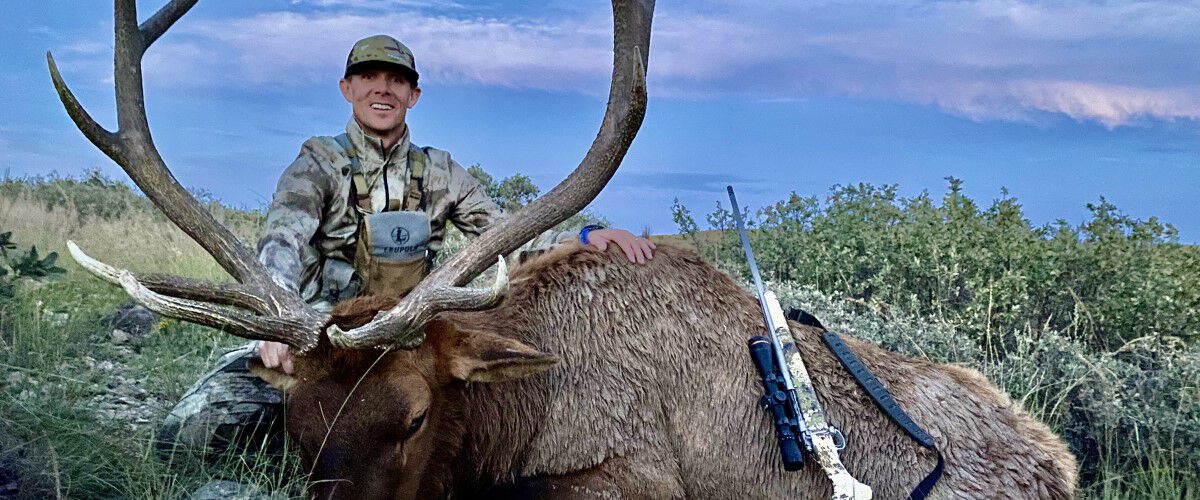 hunter kneeling behind a dead elk