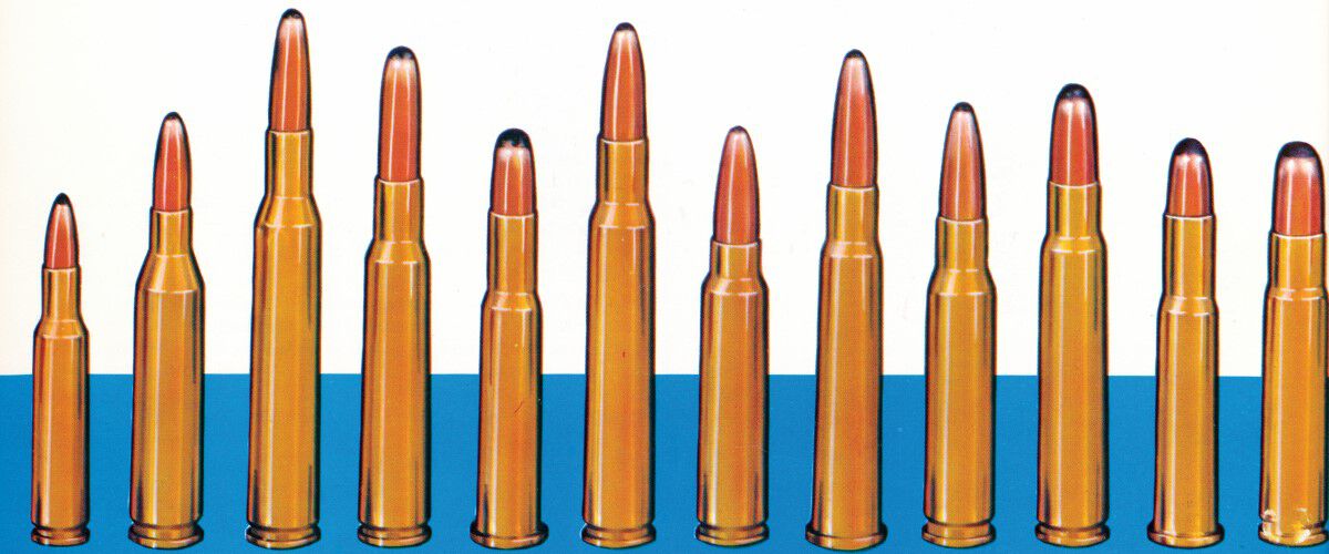 different caliber cartridges from 1962 in a line