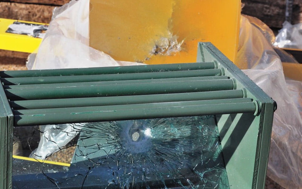 shot laminated auto glass into a ballistic gel block