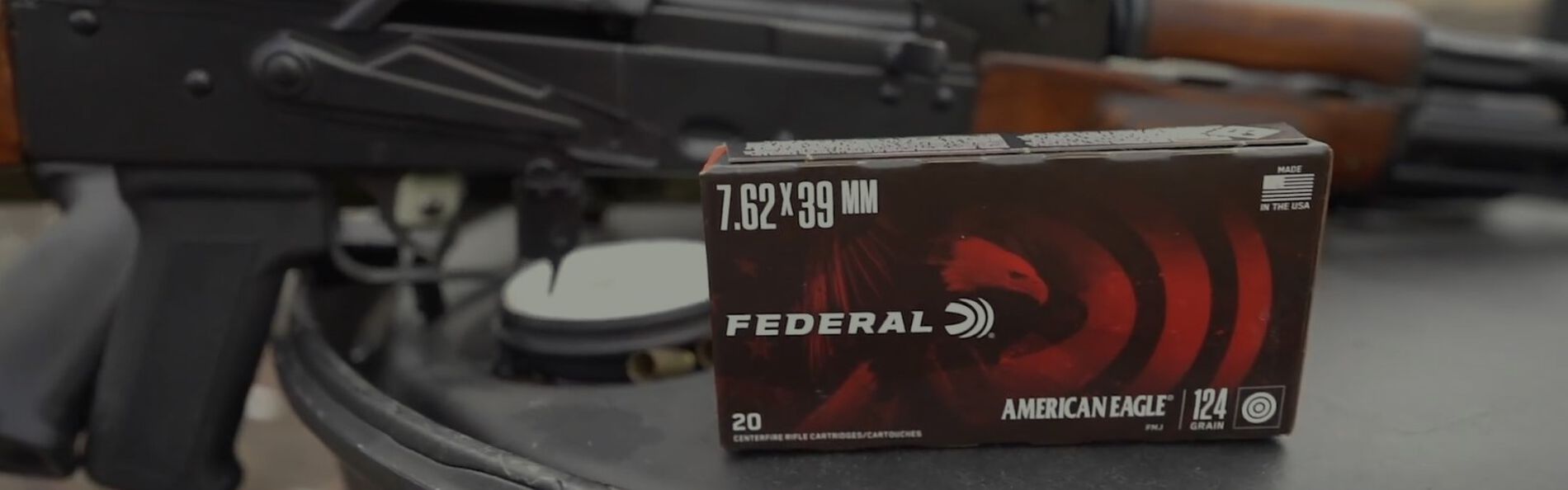 American Eagle sitting on a table with a rifle in the background