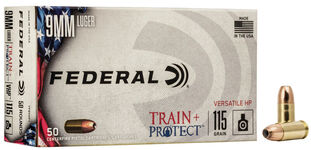 Train + Protect 9mm Luger packaging and cartridges