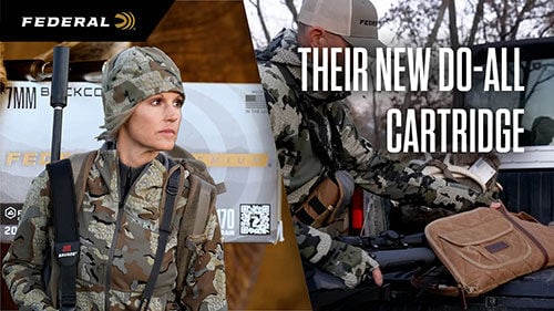 Their New Do-All Cartridge; Tiffany holding a rifle; Lee removing rifle from a gun case