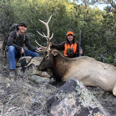 Two hunters kneeling by a downed elk