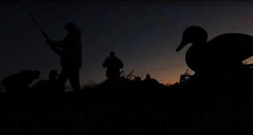 silohette of a duck decoy and hunters