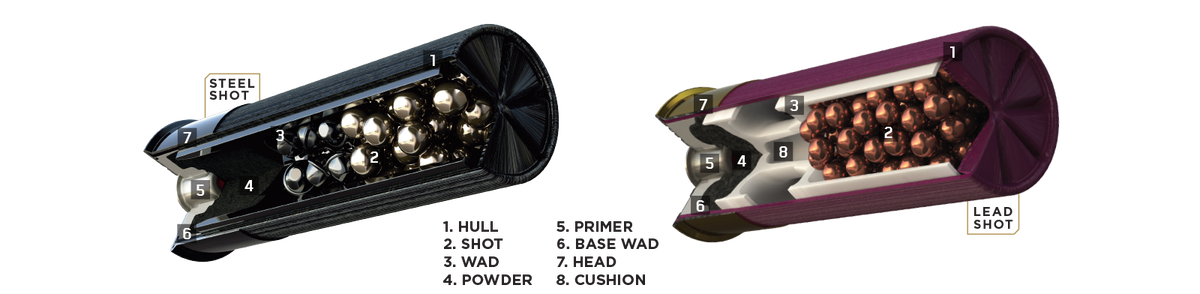 Steel and Lead Shot Cutaway 1.Hull 2.Shot 3.Wad 4.Powder 5.Primer 6.Base Wad 7.Head 8.Cushion