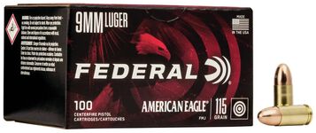 American Eagle Handgun 9mm Luger 100 round packaging and cartridges