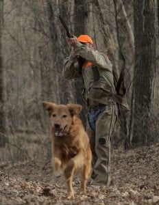 hunter aiming shotgun with a pheasant in his vest while a dog runs in the foreground