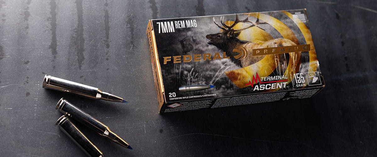 Terminal Ascent 7mm Rem Mag box and cartridges on a table