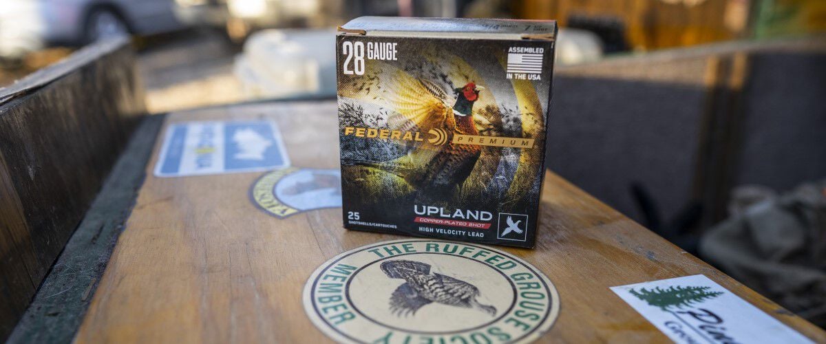 Federal Premium Upland box sitting on a table by a sticker for The Ruffed Grouse Society