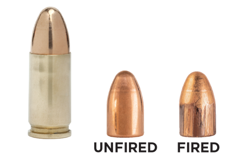 FMJ pistol cartridge, unfired and fired