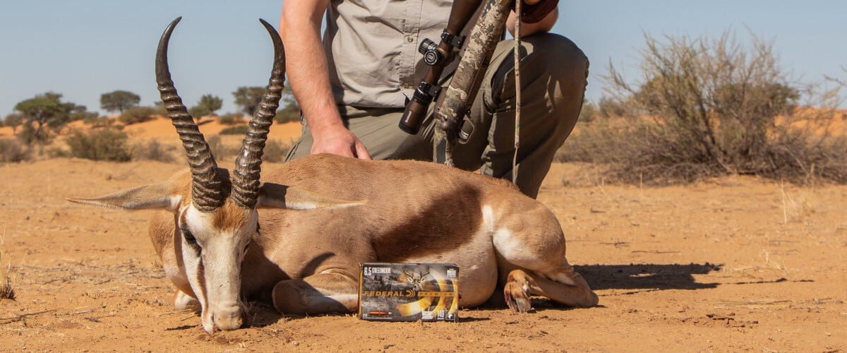 dead gazelle next to Federal Premium ammunition