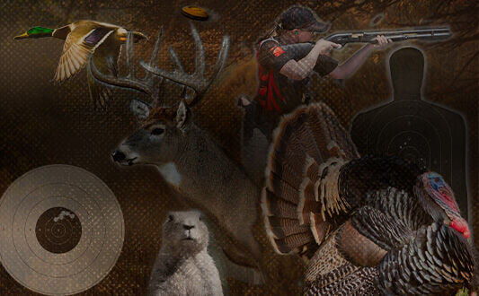 a collage of a duck, deer, prairie dog, turkey, shooter aiming a shotfun, clay flying through the air, human sized target, circle target