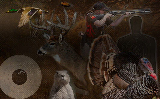 a collage of a duck, deer, prairie dog, turkey, shooter aiming a shotfun, clay flying through the air, human sized target, circle target