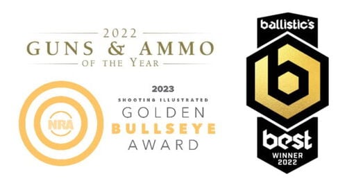 NRA Publications’ Golden Bullseye Ammo of the Year, Guns & Ammo magazine’s Ammo of the Year, and Ballistic Best magazine’s Best New Handgun Ammo award Logos