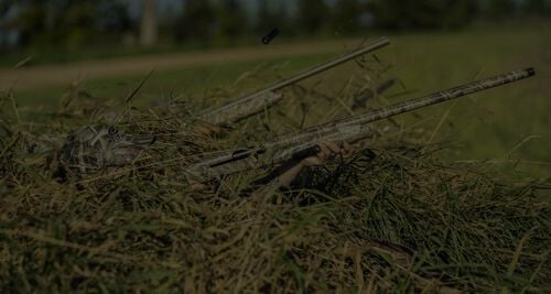 hunters hiding in a duck blind with their shotguns aimed