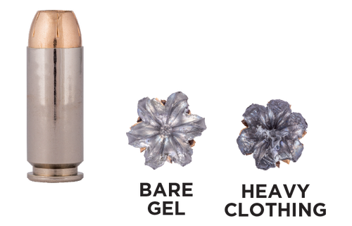 self defense pistol cartridge, bare gel and heavy clothing