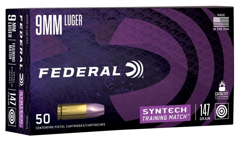 Syntech Training Match, 9mm Luger, 147 Grain, Syntech Jacket Flat Nose, 1000 fps