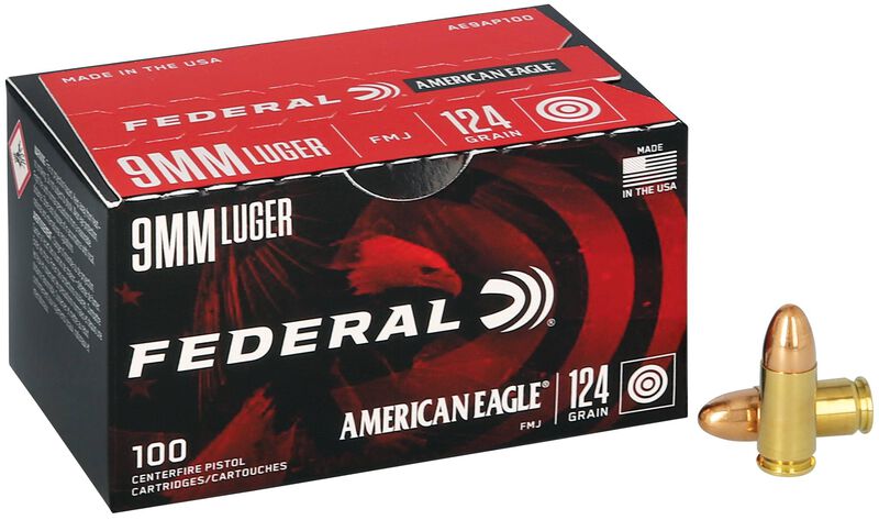 American Eagle Handgun, 9mm Luger, 124 Grain, Full Metal Jacket, 1180 fps