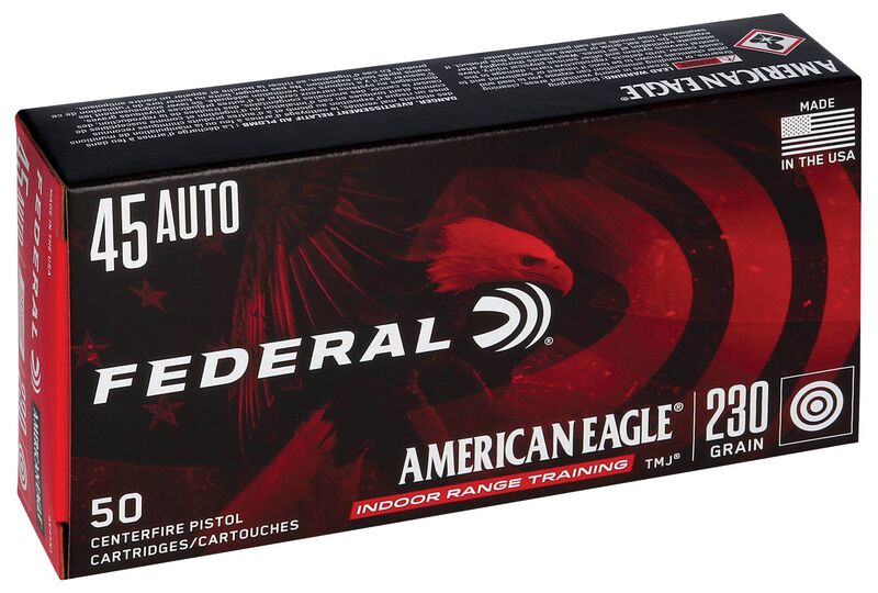 American Eagle Indoor Range Training, 45 Auto, 230 Grain, Total Metal Jacket, 850 fps