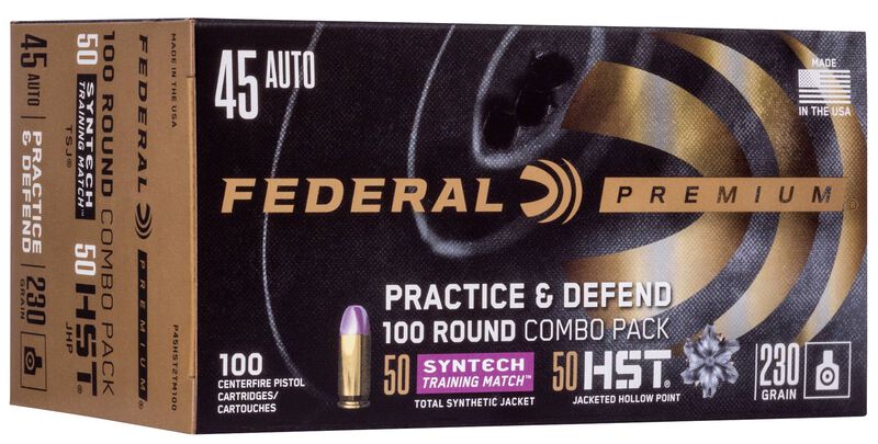 Practice &amp; Defend, 45 Auto, 230 Grain, HST JHP / Syntech TSJ, 890 fps