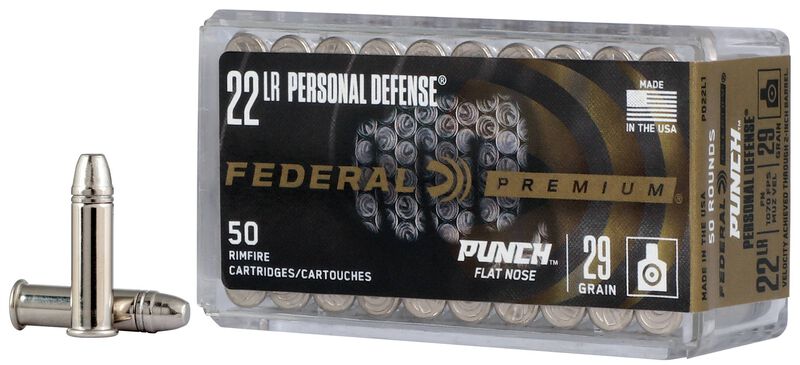 Personal Defense Punch Rimfire, 22 LR, 29 Grain, Nickel Plated Flat Nose, 1080 fps