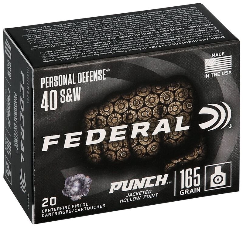 Personal Defense Punch, 40 S&amp;W, 165 Grain, Jacketed Hollow Point, 1130 fps