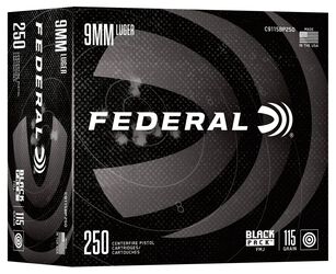 Black Pack Handgun, 9mm Luger, 115 Grain, Full Metal Jacket Round Nose, 1180 fps