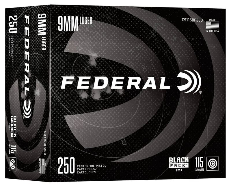 Black Pack Handgun, 9mm Luger, 115 Grain, Full Metal Jacket Round Nose, 1180 fps
