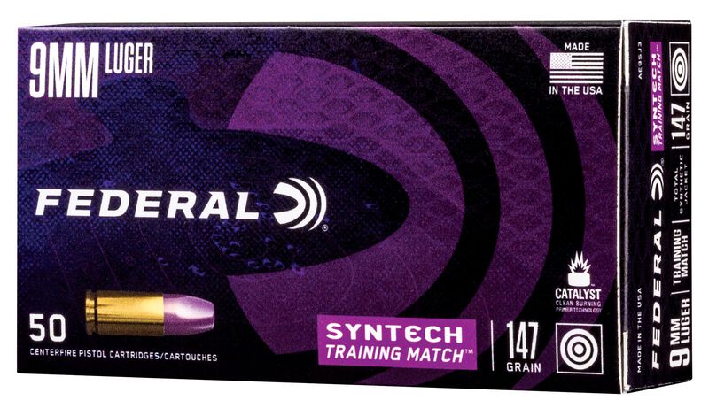 Syntech Training Match, 9mm Luger, 147 Grain, Syntech Jacket Flat Nose, 1000 fps