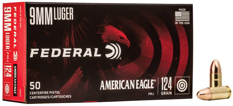 American Eagle Handgun, 9mm Luger, 124 Grain, Full Metal Jacket, 1150 fps