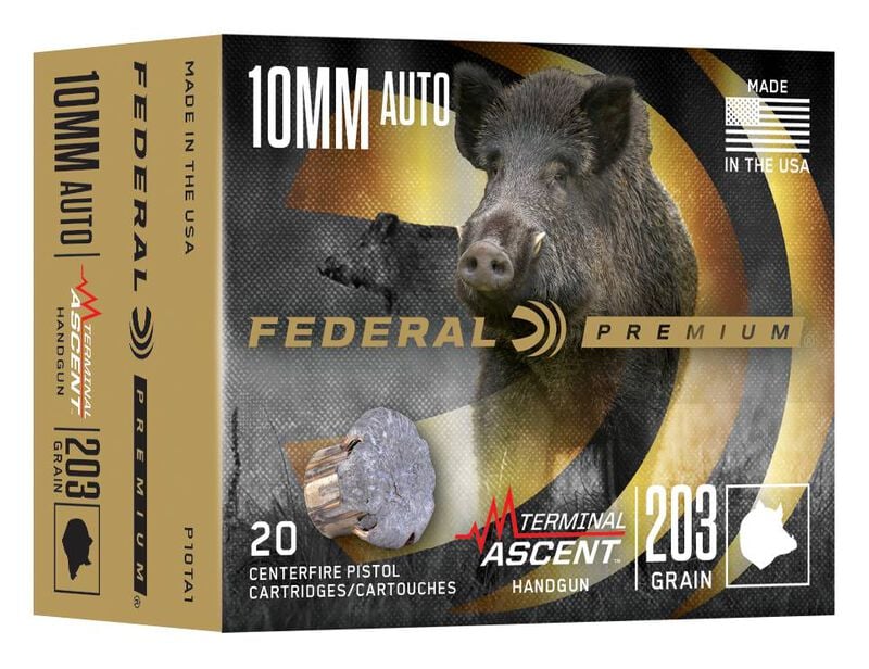 Terminal Ascent Handgun, 10mm Auto, 203 Grain, Terminal Ascent JHP, 1130 fps 10mm Auto Caliber Ammo - 20 Rounds of 203 Grain Weight Ammunition ammunition