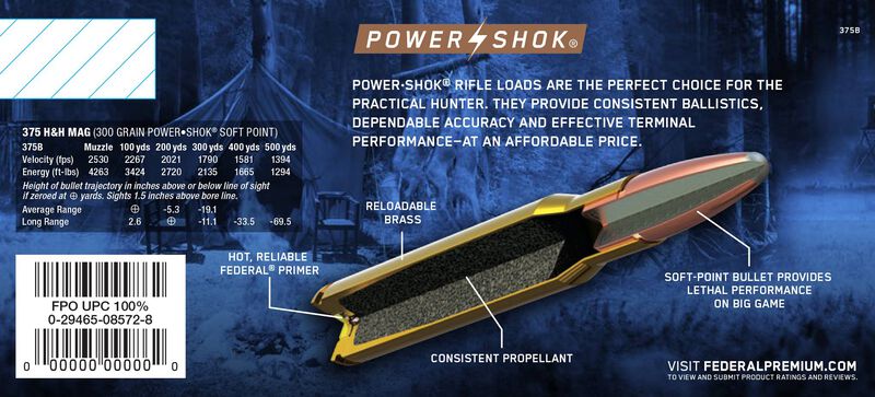 Power-Shok Rifle, 375 H&amp;H Magnum, 300 Grain, Jacketed Soft Point, 2530 fps