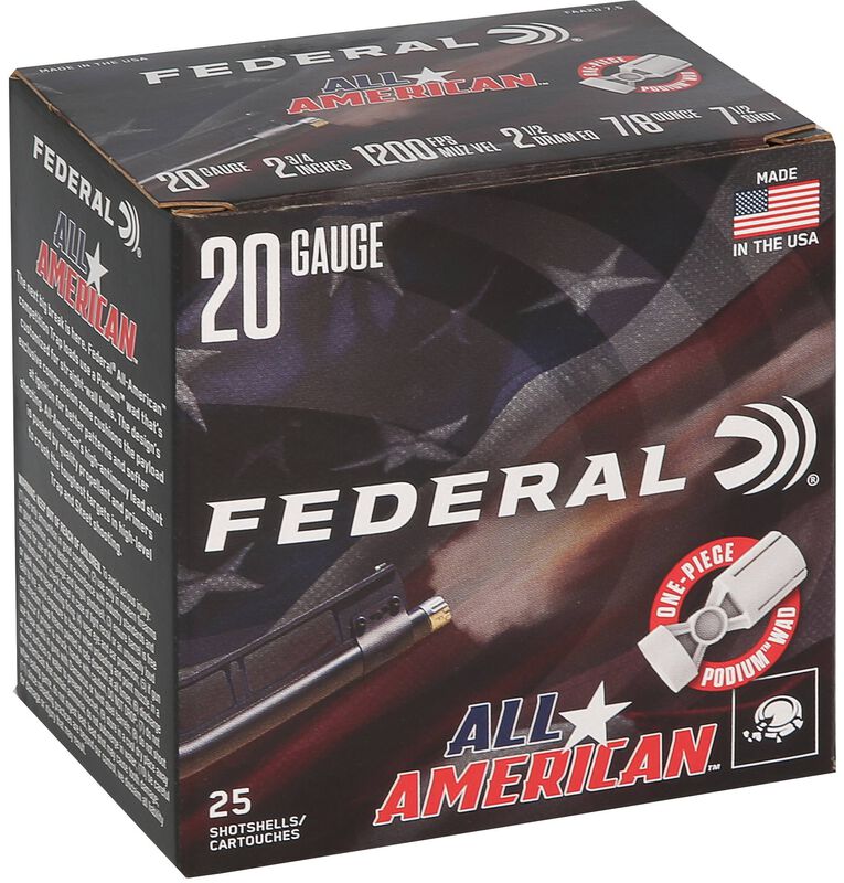 All-American, 20 Gauge, 7.5 Shot, 2-3/4 in, 7/8 oz, 1200 fps