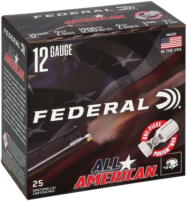 All-American, 12 Gauge, 7.5 Shot, 2-3/4 in, 1 oz, 1200 fps
