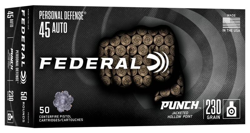 Personal Defense Punch, 45 Auto, 230 Grain, Jacketed Hollow Point, 890 fps