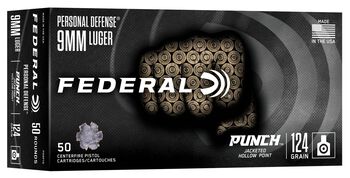 Personal Defense Punch, 9mm Luger, 124 Grain, Jacketed Hollow Point, 1150 fps