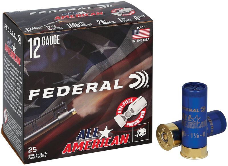 All-American, 12 Gauge, 8 Shot, 2-3/4 in, 1 1/8 oz, 1145 fps